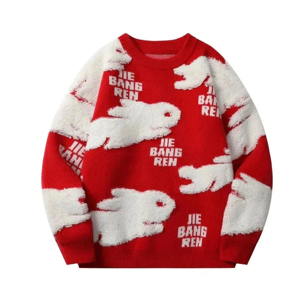 Cheng: Harajuku Couple Rabbit Sweater Jacket Red Loose Knit Sweater Jacket Fashion striped oversized sweater mens clothes pullover