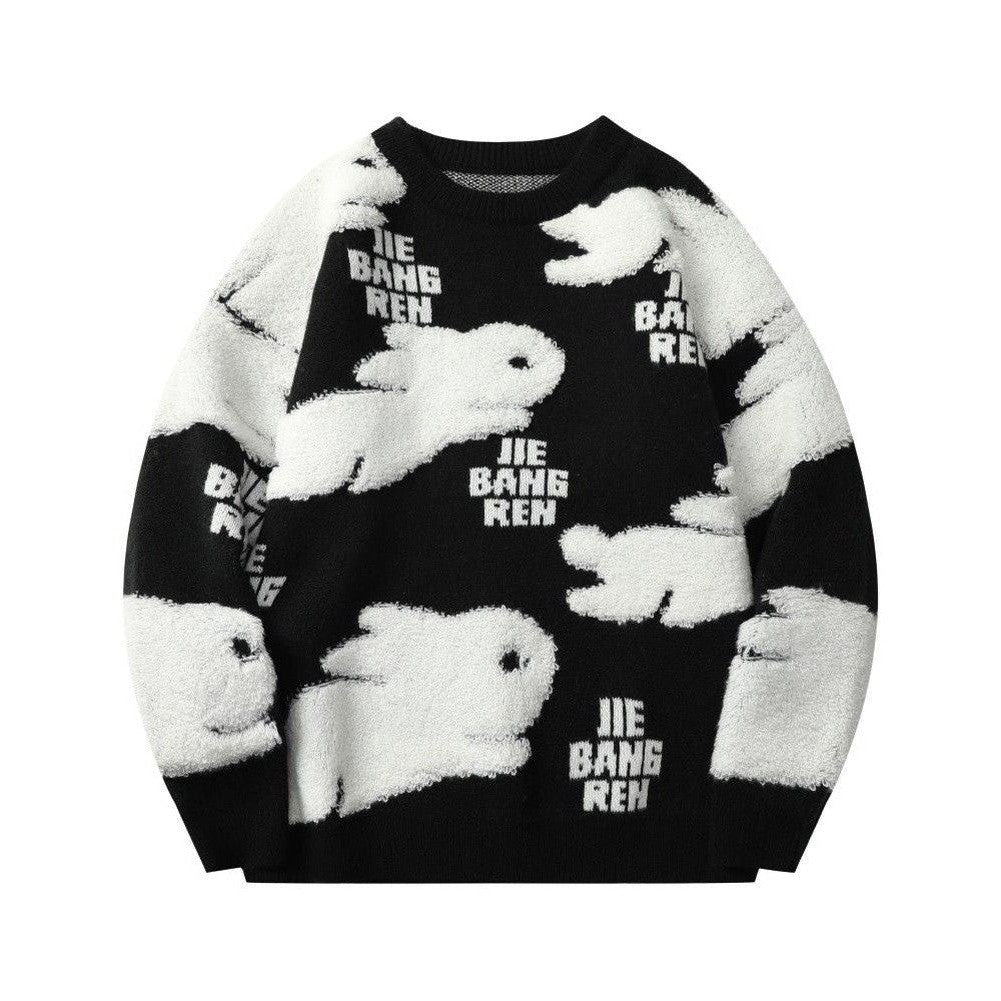 Cheng: Harajuku Couple Rabbit Sweater Jacket Red Loose Knit Sweater Jacket Fashion striped oversized sweater mens clothes pullover