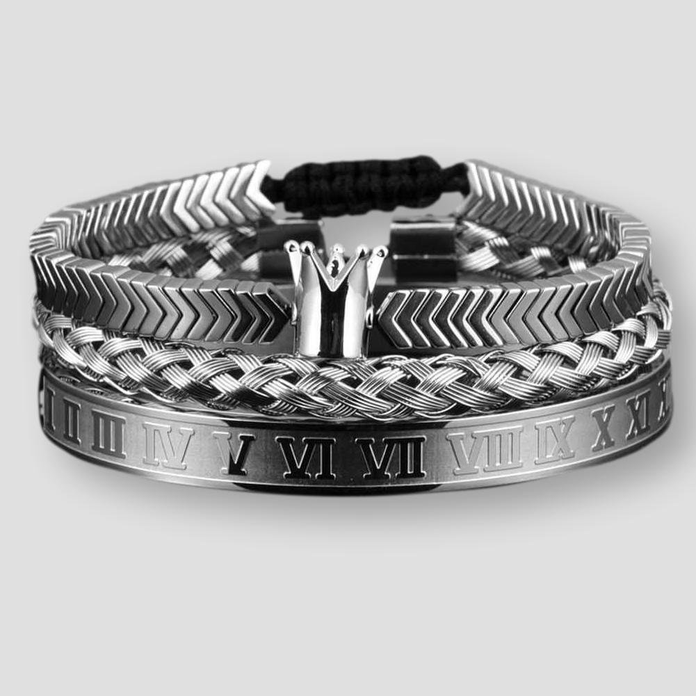Sky Madrid Stainless Steel Roman Crown Bracelet Set (3 Pcs)