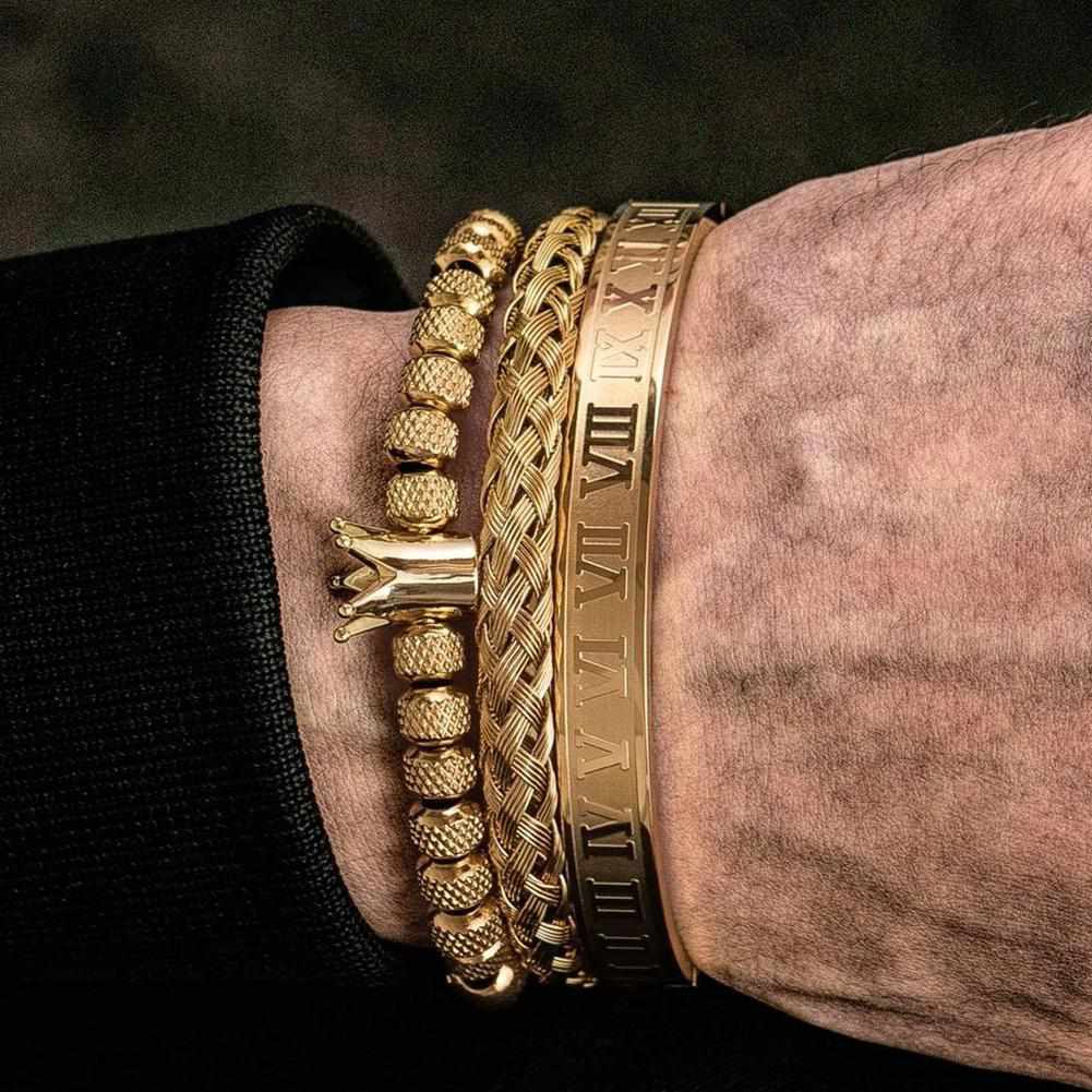 Roman men's bracelet, men's bracelet - 3pcs/Set Crown Handmade Men Bracelet  Roman Numeral Hemp Rope Buckle Open s Jewelry (Gold Crown set)